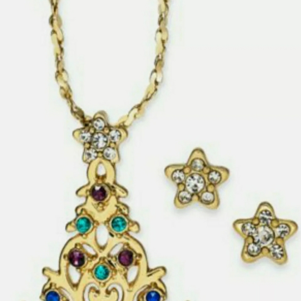Gold Tone Christmas Tree Necklace And Stars Earrin